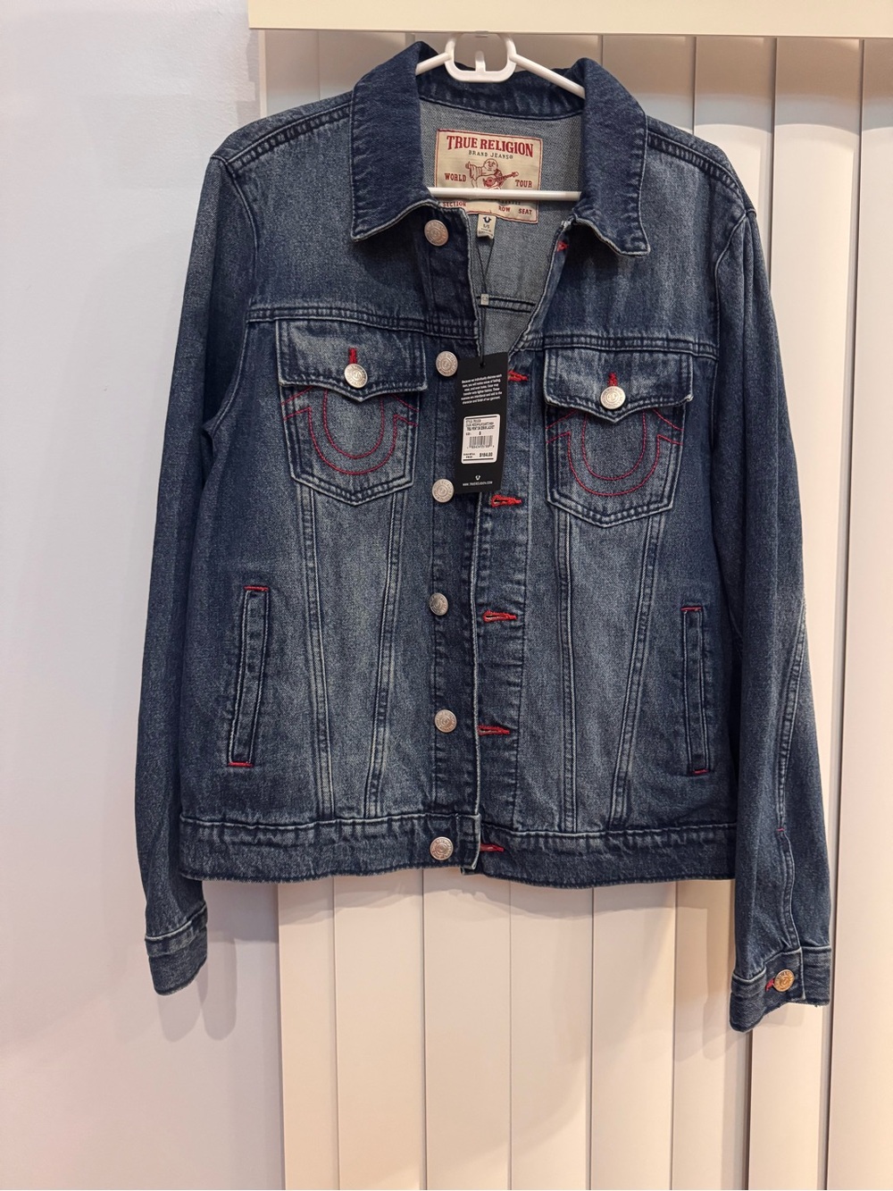 True Religion Dark Blue Denim Jacket with Red Stitching Accents